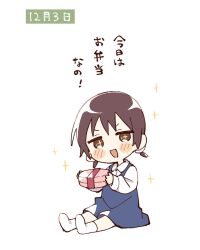 +_+ 1girl :d blue_dress blush_stickers brown_eyes brown_hair child collared_shirt commentary_request dress full_body funami_mari highres holding_bento long_sleeves looking_at_viewer namori open_mouth pinafore_dress shirt short_hair simple_background sitting sleeveless sleeveless_dress smile socks solo sparkle translation_request white_background white_shirt white_socks yuru_yuri