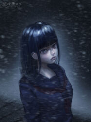 1girl absurdres arai_bokuseki black_hair blunt_bangs closed_mouth expressionless highres lips looking_at_viewer original outdoors procreate_(medium) school_uniform serafuku sidelocks snow upper_body winter