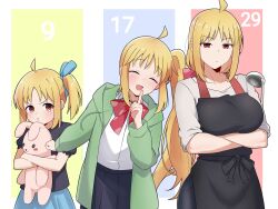 1girl age_progression ahoge amogan apron black_apron black_shirt black_skirt blonde_hair blue_ribbon blue_skirt blush bocchi_the_rock! choppy_bangs closed_eyes closed_mouth commentary_request green_jacket highres holding holding_stuffed_toy ijichi_nijika index_finger_raised jacket ladle long_hair open_mouth pleated_skirt pout red_eyes red_ribbon ribbon shirt side_ponytail sidelocks skirt smile stuffed_toy white_shirt