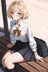 1girl absurdres bench black_bag black_skirt black_socks blonde_hair blue_eyes blush bow bowtie bracelet brown_bow brown_bowtie colored_inner_hair commentary_request dimos_(dawn_1945) fingernails gloire_(kancolle) gloire_kai_(setsubun)_(kancolle) gold_bracelet hair_intakes highres jewelry kantai_collection kneehighs looking_at_viewer mole mole_on_neck multicolored_hair nail_polish on_bench pleated_skirt purple_nails school_uniform shirt short_hair signature skirt smile socks solo white_shirt wooden_bench