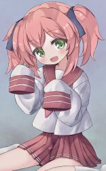 1girl absurdres blush commentary english_commentary green_eyes grey_background hair_ribbon head_tilt highres kobayakawa_yutaka long_hair long_sleeves looking_at_viewer lucky_star mellowpeko neckerchief open_mouth pink_hair pleated_skirt ribbon school_uniform serafuku sitting skirt sleeves_past_fingers sleeves_past_wrists smile socks solo twintails wariza