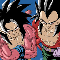 black_hair blue_sash body_fur dougi dragon_ball dragon_ball_gt forest_1988 highres long_hair looking_at_viewer male_focus monkey_boy monkey_tail muscular muscular_male no_nipples pants pectorals red_fur saiyan sash smile son_goku spiked_hair super_saiyan super_saiyan_4 tail vegeta yellow_pants