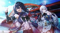 1boy 2girls absurdres ahoge albino_(a1b1n0623) bare_shoulders black_pantyhose blue_eyes blue_hair breasts bronya_rand bug butterfly commentary_request cu_chulainn_(fate) cu_chulainn_(fate/stay_night) curly_hair detached_sleeves earrings fate/stay_night fate_(series) fishing grey_eyes highres honkai:_star_rail honkai_(series) insect jewelry large_breasts long_hair multiple_girls navel open_mouth pantyhose seele_(honkai:_star_rail) train white_hair