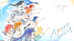 aqours_finale_lovelive!_~eikyuu_stage~ black_hair blonde_hair blue_eyes blue_hair blush closed_mouth english_text everyone flag from_behind from_side green_eyes green_necktie grey_sailor_collar group_name group_picture highres holding_hands kunikida_hanamaru kurosawa_dia kurosawa_ruby long_hair love_live! love_live!_sunshine!! matsuura_kanan multiple_girls naxuslighting neckerchief necktie ohara_mari open_mouth orange_hair paper_airplane pink_hair pleated_skirt pointing purple_eyes purple_hair red_eyes red_hair red_necktie sailor_collar sakurauchi_riko salute school_uniform serafuku short_hair short_sleeves skirt sleeveless smile socks star_(symbol) summer_uniform takami_chika thighs throwing tsushima_yoshiko uranohoshi_school_uniform watanabe_you yellow_eyes yellow_neckerchief