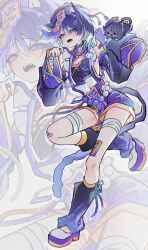 1boy alternate_costume animal_ear_fluff animal_ears animalization apron bandaged_leg bandages barcode belt_collar black_mouth blush cat_boy cat_ears cat_tail chinese_clothes cleavage_cutout clothing_cutout collar detached_sleeves eyeliner eyeshadow floral_print frilled_apron frills genshin_impact hair_ornament hairclip hat highres holding_own_leash jiangshi_costume leg_warmers looking_at_viewer makeup male_focus mole mole_under_eye ofuda ofuda_on_head open_mouth pectoral_cleavage pectorals person_and_animalization purple_eyes purple_hair purple_leg_warmers purple_shoes purple_shorts qingdai_guanmao red_eyeliner red_eyeshadow scaramouche_(cat)_(genshin_impact) scaramouche_(genshin_impact) shoes shorts sleeves_past_fingers sleeves_past_wrists solo sweatdrop tail talisman teeth tongue touyu_1210 tsurime twitter_username upper_teeth_only waist_apron wispy_bangs wrist_wrap zoom_layer