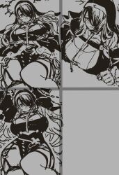 1girl arms_up artist_name blue_archive blush breasts chain cleavage_cutout clothing_cutout fbc hair_over_one_eye hair_spread_out halo hinata_(blue_archive) large_breasts long_hair long_sleeves looking_at_viewer lying monochrome nipples nun on_back open_mouth red_eyes sketch solo thighhighs very_long_hair