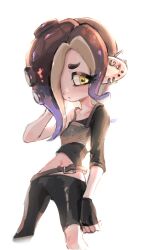 Rule 34 | 1girl, absurdres, black gloves, brown hair, cephalopod eyes, closed mouth, colored eyelashes, commentary request, dedf1sh, dedf1sh (past), ear piercing, earrings, fingerless gloves, gloves, hair over one eye, highres, jewelry, long hair, multicolored hair, navel, nintendo, octoling, piercing, purple hair, solo, splatoon (series), splatoon 3, splatoon 3: side order, standing, tentacle hair, two-tone hair, uuurung, yellow eyes