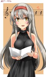 10s 1girl alternate_costume black_dress breasts brown_eyes crotchet_rest dress female_focus flat_sign hairband hebitsukai-san highres kantai_collection large_breasts long_hair musical_note open_mouth red_hairband sheet_music shoukaku_(kancolle) silver_hair smile solo musical_staff treble_clef twintails