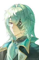 1boy anaxa_(honkai:_star_rail) aqua_hair black_jacket blue_eyes chain closed_mouth eyepatch highres honkai:_star_rail honkai_(series) jacket lapels looking_at_viewer male_focus medium_hair notched_lapels pink_pupils shirt side_ponytail simple_background solo twitter_username undergroundsmel upper_body white_background white_shirt