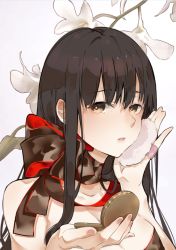 1girl akagi_(kancolle) alternate_costume bad_id bad_pixiv_id blush bow bowtie breasts brown_eyes brown_hair dress face_powder female_focus floral_background hair_between_eyes kantai_collection large_breasts long_hair looking_at_viewer neko_(ganecooo) open_mouth powder solo straight_hair