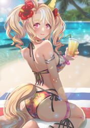 1girl ahoge alternate_costume animal_ears armlet ass barefoot beach beach_towel bikini blonde_hair blue_sky blurry blurry_background blush breasts closed_mouth commentary cup dated_commentary day drinking_straw ear_covers ear_flower ear_ornament floral_print_bikini flower from_behind fusaichi_pandora_(umamusume) hair_between_eyes hibiscus highres holding holding_cup horse_ears horse_girl horse_tail jewelry lens_flare looking_at_viewer looking_back medium_breasts medium_hair multicolored_hair ocean on_ground otono_(bkt4b) outdoors palm_tree pink_eyes revision sand side-tie_bikini_bottom sitting sky smile soles solo sparkle streaked_hair swimsuit tail towel tree twintails umamusume wariza water white_hair