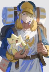 Rule 34 | 0ishiisanso, 1boy, ^ ^, backpack, bag, belt, belt buckle, blonde hair, blue eyes, brown belt, buckle, closed eyes, closed mouth, cowboy shot, fur-trimmed collar, fur-trimmed sleeves, fur trim, gen 2 pokemon, ginkgo guild uniform, hair intakes, hair over one eye, hat, highres, holding, holding pokemon, holding strap, long sleeves, looking to the side, male focus, newsboy cap, nintendo, one eye covered, open mouth, pokemon, pokemon (creature), pokemon legends: arceus, sideways glance, solo, togepi, volo (pokemon), white background, yellow fur