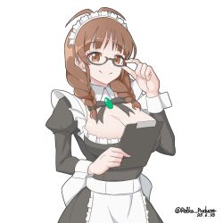 Rule 34 | 1girl, absurdres, akizuki ritsuko, apron, arm up, birthday, black-framed eyewear, black dress, braid, breasts, brown eyes, brown hair, cleavage, clipboard, closed mouth, dated, dress, glasses, green brooch, hair over shoulder, highres, holding, holding clipboard, idolmaster, idolmaster (classic), juliet sleeves, long sleeves, looking at viewer, maid, maid apron, maid headdress, medium hair, nillis, puffy sleeves, semi-rimless eyewear, simple background, smile, solo, standing, twin braids, twitter username, under-rim eyewear, upper body, waist apron, white apron, white background