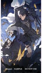 1boy 1girl arm_up artist_name au_ra black_boots black_dress black_gloves black_hair black_horns black_robe black_sclera book boots bug butterfly colored_sclera commentary corrupted_twitter_file dress final_fantasy final_fantasy_xiv gloves grey_eyes gunblade gunbreaker_(final_fantasy) highres holding holding_book holding_weapon horns insect moonl111 original pillarboxed ponytail robe scholar_(final_fantasy) short_hair symbol-only_commentary warrior_of_light_(ff14) weapon white_hair yellow_butterfly yellow_eyes