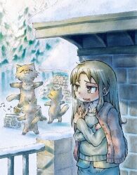 1girl boombox breath brick_wall brown_hair building buttons cardigan cardigan_on_shoulders cold crossed_arms dancing firewood fox long_hair mugi_sada musical_note original outdoors parted_bangs pine_tree railing snow sweater tree tree_stump winter