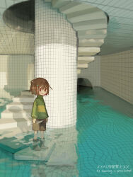 1other arms_at_sides backrooms_(creepypasta) bob_cut boots brown_boots brown_hair brown_shorts ceiling chara_(undertale) closed_mouth commentary_request cross-eyed dande_lion2604 double-parted_bangs dream_pool full_body green_sweater hair_between_eyes highres holding holding_knife indoors knee_boots knife long_sleeves no_eyebrows no_nose no_pupils on_stairs other_focus partially_submerged pool puffy_long_sleeves puffy_sleeves red_eyes shadow short_hair shorts smile solo spiral_staircase stairs standing striped_clothes striped_sweater sweater tile_ceiling tile_floor tile_wall tiles tunnel turtleneck turtleneck_sweater twitter_username two-tone_sweater undertale watermark yellow_sweater