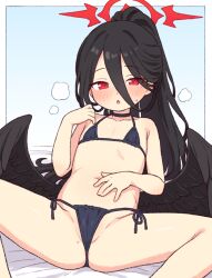 1girl aged_down alternate_breast_size alternate_costume bare_shoulders bikini black_bikini black_choker black_hair black_wings blue_archive blush breasts cameltoe choker feathered_wings flat_chest halo hasumi_(blue_archive) loli long_hair looking_at_viewer low_wings micro_bikini navel onyhakase open_mouth ponytail red_eyes simple_background solo spread_legs stomach string_bikini sweat swimsuit very_long_hair white_background wings