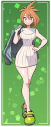 1girl absurdres blush breasts brigette_(pokemon) brown_eyes brown_hair creatures_(company) dress game_freak green_shoes highres holding holding_jacket holding_unworn_clothes jacket large_breasts looking_at_viewer missandydandy nintendo orange_hair pokemon pokemon_bank shoes short_hair sleeveless smile solo unworn_jacket white_dress