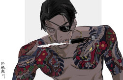 1boy absurdres arm_tattoo black_hair eyepatch facial_hair furrowed_brow highres jewelry juyanmai knife knife_in_mouth majima_goro male_focus necklace ryuu_ga_gotoku_(series) short_hair shoulder_tattoo simple_background tattoo upper_body white_background yakuza