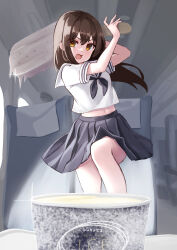 1girl :d black_ribbon black_skirt brown_hair chair cup food highres holding holding_food holding_popsicle ice_cream ice_cream_cup keiyo_earth long_hair looking_at_viewer navel on_chair open_mouth original popsicle ribbon school_uniform serafuku shinkansen shirt skirt smile solo standing standing_on_chair thighs train_interior white_shirt yellow_eyes