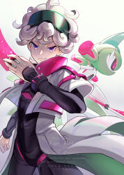 Rule 34 | 1boy, bede (pokemon), bede (sygna suit) (pokemon), closed mouth, coat, commentary request, curly hair, eyelashes, grey background, hand up, highres, holding, holding poke ball, iron valiant, janis (hainegom), looking at viewer, male focus, nintendo, official alternate costume, open clothes, open coat, poke ball, poke ball (basic), pokemon, pokemon (creature), pokemon masters ex, purple eyes, short hair, smile, watermark