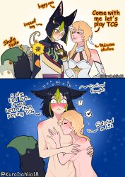 aftersex animal_ears black_hair blonde_hair blush breasts comic confused couple dress earrings english_text flower fox_boy fox_ears fox_tail hair_between_eyes hair_ornament heart highres hugging_each_other jewelry kurodahlia18 lumine_(genshin_impact) medium_breasts navel sideboob sleeping star-shaped_pupils star_(symbol) suggestive_look symbol-shaped_pupils tail tighnari_(genshin_impact) yellow_eyes