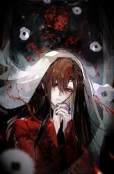 1boy absurdres bishounen black_hair black_hanfu black_nails brown_hair chinese_clothes chinese_commentary closed_mouth coat coin dao_gui_yi_xian falling_petals flower hair_between_eyes hair_down hanfu highres holed_coin li_huowang long_hair long_sleeves looking_at_viewer male_focus moon nail_polish night own_hands_clasped own_hands_together petals praying red_coat red_eyes red_flower red_moon red_petals solo string string_of_fate tree upper_body veil w3273864 white_veil wide_sleeves