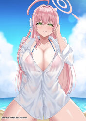 Rule 34 | 1girl, ahoge, beach, bikini, bikini under clothes, blue archive, bow, braid, breasts, buttons, cleavage, cloud, collarbone, green eyes, hair bow, halo, hanako (blue archive), hellandheaven, highres, huge ahoge, kneeling, ocean, patreon username, pink bikini, shirt, sky, solo, swimsuit, white bow, white shirt