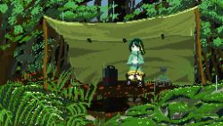 1girl animated animated_gif aqua_jacket black_hair blinking camping fern forest highres jacket jitome looping_animation nature original outdoors pixel_art portable_stove puddle rain reflection reflective_water sitting solo tent tree yakata348916
