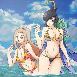 Rule 34 | 2girls, bancholilimon, bikini, digimon, flower, happy, long hair, looking at another, monster girl, multiple girls, ocean, plant, plant girl, scar, smile, swimsuit, tachikawa mimi, thorns, water