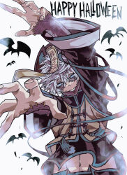 1boy bat_(animal) blue_eyes boku_no_hero_academia dabi_(boku_no_hero_academia) hair_between_eyes happy_birthday highres jiangshi kg_kkgg looking_at_viewer male_focus midriff navel ofuda ofuda_on_head scar scar_on_arm scar_on_face short_hair solo stitched_arm stitched_face stitches tassel