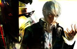 1boy black_jacket collared_shirt grey_eyes grey_hair hand_up high_collar highres izanagi_(persona_4) jacket kyezzzz light_smile long_sleeves looking_at_viewer male_focus narukami_yu open_clothes open_jacket persona persona_(summon) persona_4 red_eyes school_uniform shirt short_hair solo white_shirt yasogami_school_uniform