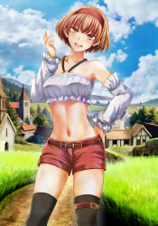 1girl boots brown_hair elbow_gloves gloves hairband haruka_(yuusha_ni_zenbu_ubawareta_ore_wa_yuusha_no_hahaoya_to_party_wo_kumimashita!) kuon_makoto official_art shorts thigh_boots yellow_eyes yuusha_ni_zenbu_ubawareta_ore_wa_yuusha_no_hahaoya_to_party_wo_kumimashita!