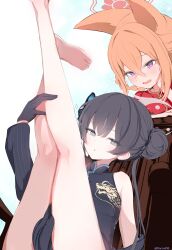 2girls absurdres animal_ears barefoot black_coat black_dress black_gloves blue_archive braid braided_hair_rings breasts butterfly_hair_ornament coat double_bun dress fox_ears fox_girl gloves grey_eyes grey_halo hair_bun hair_ornament hair_rings halo highres kisaki_(blue_archive) kneepits legs_up long_hair looking_at_viewer multiple_girls open_mouth orange_hair parted_lips red_dress red_halo rumi_(blue_archive) rumi_(small)_(blue_archive) sakurano_rocco small_breasts stretching twintails