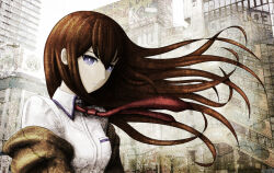 1girl belt breast_pocket breasts brown_hair brown_jacket clenched_teeth collared_shirt hair_between_eyes hair_over_shoulder huke_(style) jacket jacket_partially_removed kuri_kame leather_belt looking_at_viewer makise_kurisu necktie outdoors parted_lips pocket purple_eyes purple_trim rainmaker red_necktie ringed_eyes shirt small_breasts solo square_pupils steins;gate teeth white_belt white_shirt