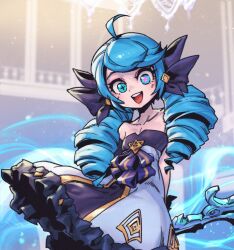1girl :d ahoge arms_behind_back bare_shoulders black_bow black_dress blue_hair bow breasts collarbone commentary_request cowboy_shot detached_sleeves dress green_eyes grey_dress gwen_(league_of_legends) hair_bow holding holding_scissors indoors korean_commentary league_of_legends long_hair open_mouth phantom_ix_row scissors small_breasts smile solo strapless strapless_dress teeth tongue upper_teeth_only