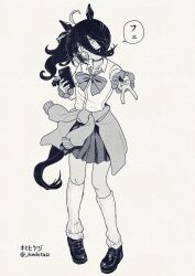 1girl animal_ears blowing_bubbles bow bowtie breasts cardigan cardigan_around_waist cellphone charm_(object) chewing_gum choker clothes_around_waist collared_shirt ear_tag earrings greyscale gyaru_v hair_between_eyes highres holding holding_phone horse_ears horse_girl horse_tail jewelry kimihitsuji long_bangs long_hair long_hair_between_eyes manhattan_cafe_(umamusume) monochrome nail_polish phone pleated_skirt scrunchie shirt shoes short_sleeves side_ponytail simple_background single_earring skirt small_breasts smartphone socks solo speech_bubble tail translation_request twitter_username umamusume unworn_cardigan v white_background wrist_scrunchie