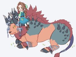 aerith_gainsborough aged_down belt blue_dress bluelimbo8888 boots braid braided_ponytail brown_belt brown_footwear brown_hair bull collared_shirt dress final_fantasy final_fantasy_vii final_fantasy_vii_rebirth final_fantasy_vii_remake flower frilled_sleeves frills full_body green_eyes green_ribbon green_shirt hair_ribbon hooves horns kujata_(final_fantasy) long_hair monster multicolored_fur multiple_horns official_alternate_costume open_mouth orange_fur parted_bangs red_fur ribbon shirt shirt_under_dress sidelocks single_braid sitting_on_animal smile white_background yellow_eyes yellow_flower