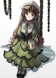1girl absurdres brown_hair chain dress full_body green_dress green_eyes heterochromia highres holding holding_watering_can kornod long_hair looking_at_viewer red_eyes solo suiseiseki very_long_hair watering_can white_background