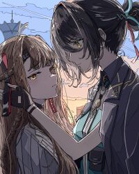 2girls absurdres black_coat black_gloves black_hair blue_sky brown_hair closed_mouth coat coat_on_shoulders face-to-face fingerless_gloves from_side gloves green_shirt hair_bun hand_on_another&#039;s_head highres jacket long_hair longjing_(xinyue_tongxing) looking_at_another multiple_girls natsugu72 orange_sky profile shirt shixi_(xinyue_tongxing) short_hair sky upper_body white_jacket xinyue_tongxing yellow_eyes