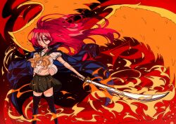 1girl artdroiiid_ii black_sailor_collar black_skirt black_thighhighs blue_cape bow bowtie bright_pupils cape colorful commentary english_commentary feet_out_of_frame fire flaming_sword flaming_weapon floating_clothes floating_hair highres holding holding_sword holding_weapon legs_apart long_hair looking_at_viewer midriff_peek miniskirt navel orange_wings outstretched_arm pleated_skirt red_eyes red_hair red_theme sailor_collar school_uniform serafuku serious shakugan_no_shana shana shirt short_sleeves skirt solo standing sword thighhighs weapon white_pupils white_shirt wings yellow_bow yellow_bowtie zettai_ryouiki