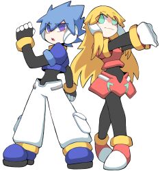 Rule 34 | 1boy, 1girl, black bodysuit, blonde hair, blue eyes, blue hair, blue jacket, bodysuit, bodysuit under clothes, cropped jacket, elf (mega man zx prequel), full body, green eyes, highres, jacket, long hair, mega man (series), mega man zx, nett (mega man zx prequel), original, pants, pikaeevee13, red jacket, red skirt, robot ears, short hair, simple background, skirt, white background, white pants