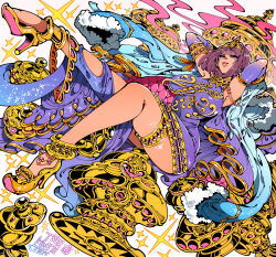 1girl anklet arms_behind_head blue_eyes breasts circlet covered_navel detached_sleeves dress earrings eyeshadow full_body fur_trim high_heels jewelry kafun large_breasts looking_at_viewer makeup original parted_lips pink_eyeshadow pink_gemstone purple_dress purple_hair solo sparkle tagme thigh_strap