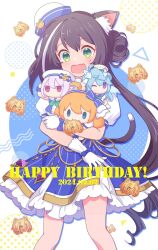 Rule 34 | 1girl, animal ear fluff, animal ears, black hair, cat ears, cat girl, cat tail, character doll, dress, fang, gigo, gloves, green eyes, happy birthday, highres, karyl (princess connect!), kokkoro (princess connect!), multicolored hair, pecorine (princess connect!), princess connect!, rii (metro electro), sailor collar, sailor dress, sheffy (princess connect!), side ponytail, solo, streaked hair, tail, tail raised, white dress, white gloves, white hair