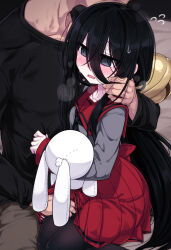 1boy 1girl @_@ bell bite_mark bite_mark_on_neck black_eyes black_hair black_pantyhose blush chuugoku_usagi collarbone grey_shirt hair_bell hair_between_eyes hair_ornament hetero long_hair long_hair_between_eyes null_(nyanpyoun) pantyhose red_skirt school_uniform serafuku shirt skirt stuffed_animal stuffed_rabbit stuffed_toy sweat utau voicevox