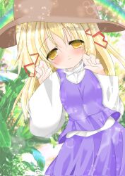 1girl 2000s_(style) blonde_hair blush claw_pose closed_mouth hair_ornament hair_ribbon half-closed_eyes hat highres long_hair long_sleeves looking_at_viewer moriya_suwako murasakitukumo outdoors purple_skirt purple_vest retro_artstyle ribbon shirt skirt smile solo sparkle touhou turtleneck vest white_shirt wide_sleeves yellow_eyes