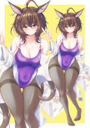 Rule 34 | 1girl, absurdres, agnes tachyon (umamusume), animal ears, black pantyhose, border, breasts, brown hair, cleavage, coat, competition swimsuit, earrings, hair between eyes, highleg, highleg one-piece swimsuit, highres, horse ears, horse girl, horse tail, jewelry, lab coat, large breasts, long sleeves, looking at viewer, multiple views, one-piece swimsuit, pantyhose, pantyhose under swimsuit, purple one-piece swimsuit, red eyes, short hair, single earring, standing, swimsuit, tail, thigh gap, thighband pantyhose, tong shui, two-tone background, two-tone swimsuit, umamusume, white border, white coat, yellow background