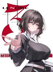 1girl absurdres alchemy_stars anri_(user_ncce8585) belt belt_buckle belt_pouch black_belt black_dress black_hair breasts buckle buttons character_name commentary dress grey_eyes hair_between_eyes high_belt highres jewelry large_breasts lenore_(alchemy_stars) long_sleeves looking_at_viewer medium_hair multiple_rings off-shoulder_dress off_shoulder parted_lips pouch ring shirt simple_background sleeves_past_wrists solo upper_body white_background white_shirt