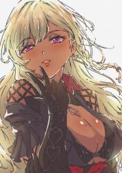 1girl atelier_(series) atelier_yumia black_gloves blonde_hair braid breasts cleavage dark-skinned_female dark_skin earrings gerat0228 gloves grey_background highres jewelry large_breasts long_hair looking_at_viewer nina_friede purple_eyes simple_background single_braid solo