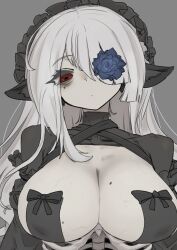 1girl animal_ear_fluff animal_ears asymmetrical_hair black_bow bow breasts colored_eyelashes exposed_bone expressionless flower flower_over_eye frilled_hairband frilled_sleeves frills grey_background hair_over_one_eye hairband highres large_breasts lolita_hairband long_hair long_sleeves looking_at_viewer mole mole_on_breast mole_under_eye original pale_skin red_eyes simple_background the_amboina upper_body veins veiny_breasts white_hair